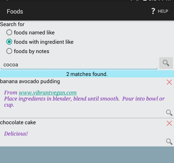 Food search screen with results
