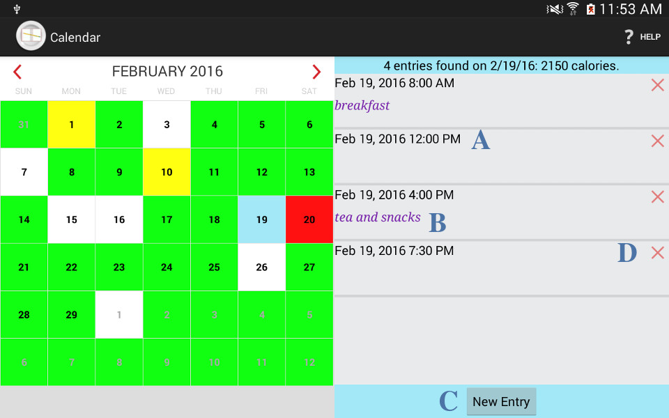 Entries for a single day (landscape mode)