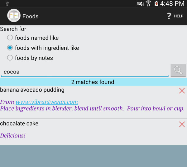 Food search screen with results